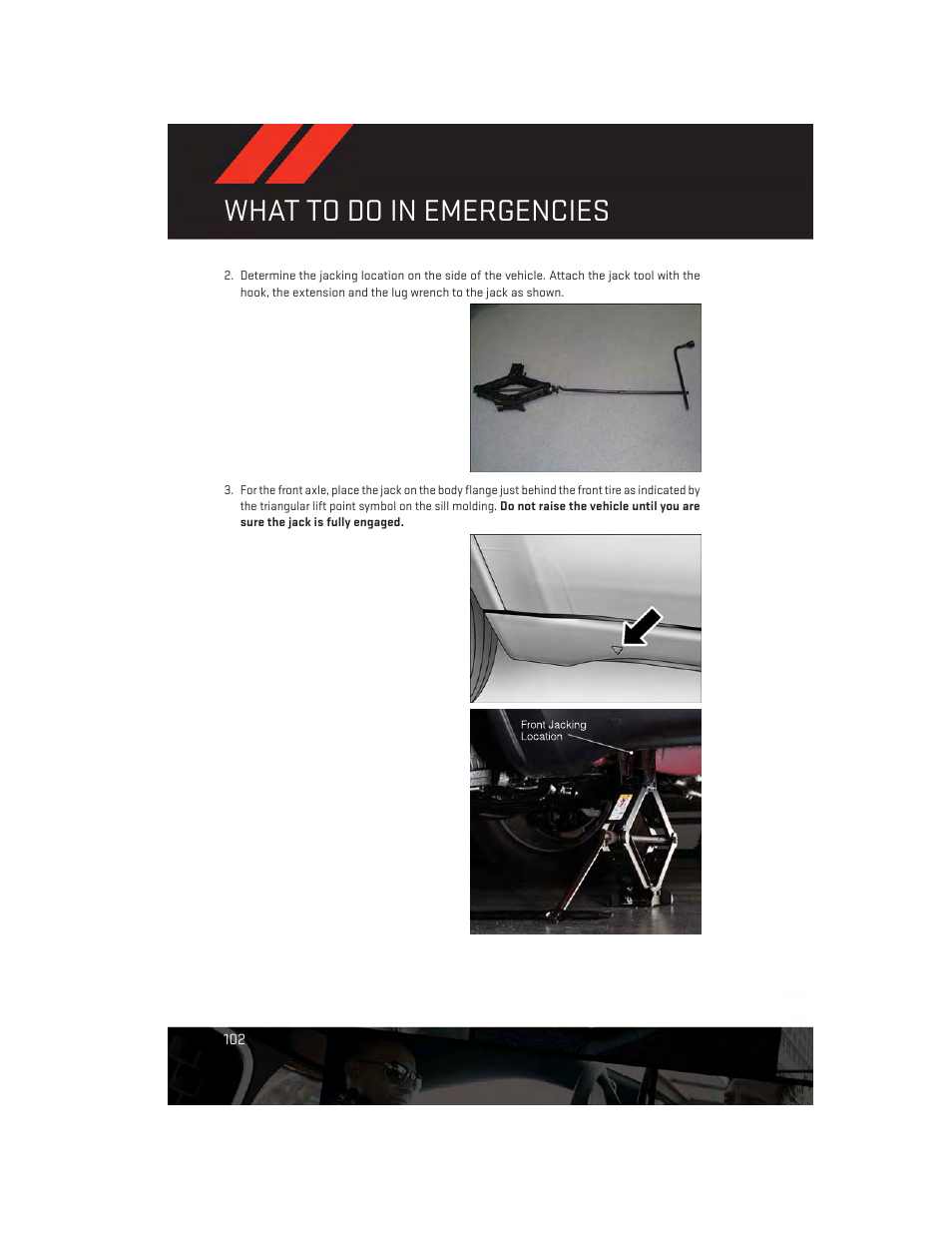 What to do in emergencies | Dodge 2013 Durango - User Guide User Manual | Page 104 / 140