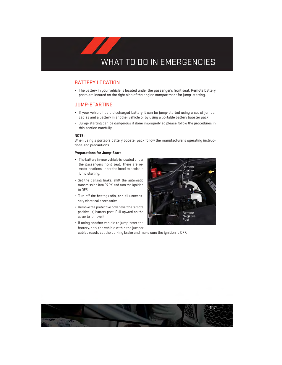 Battery location, Jump-starting, Preparations for jump-start | Battery location jump-starting, What to do in emergencies | Dodge 2013 Durango - User Guide User Manual | Page 109 / 140