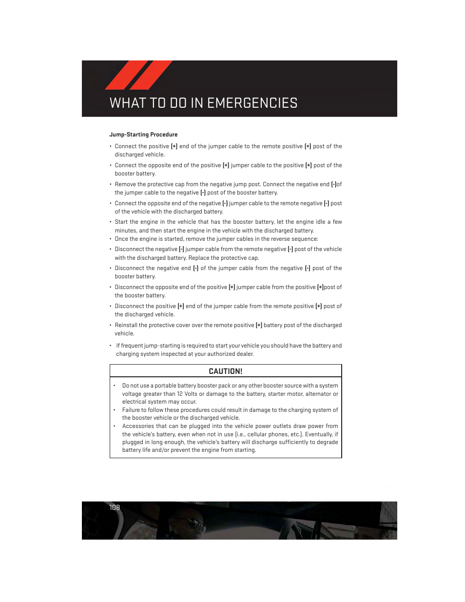 Jump-starting procedure, What to do in emergencies | Dodge 2013 Durango - User Guide User Manual | Page 110 / 140