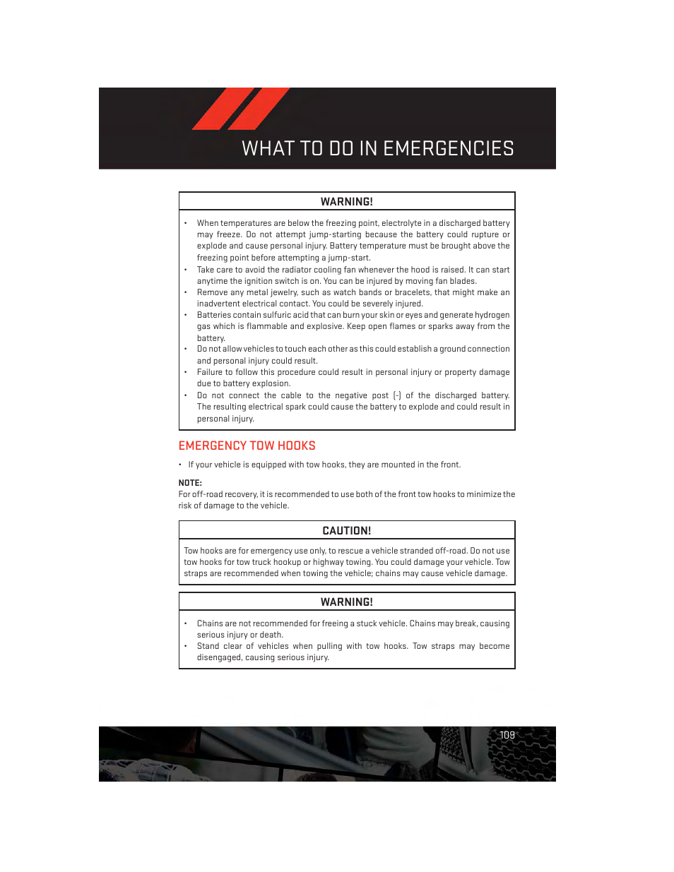 Emergency tow hooks, What to do in emergencies | Dodge 2013 Durango - User Guide User Manual | Page 111 / 140