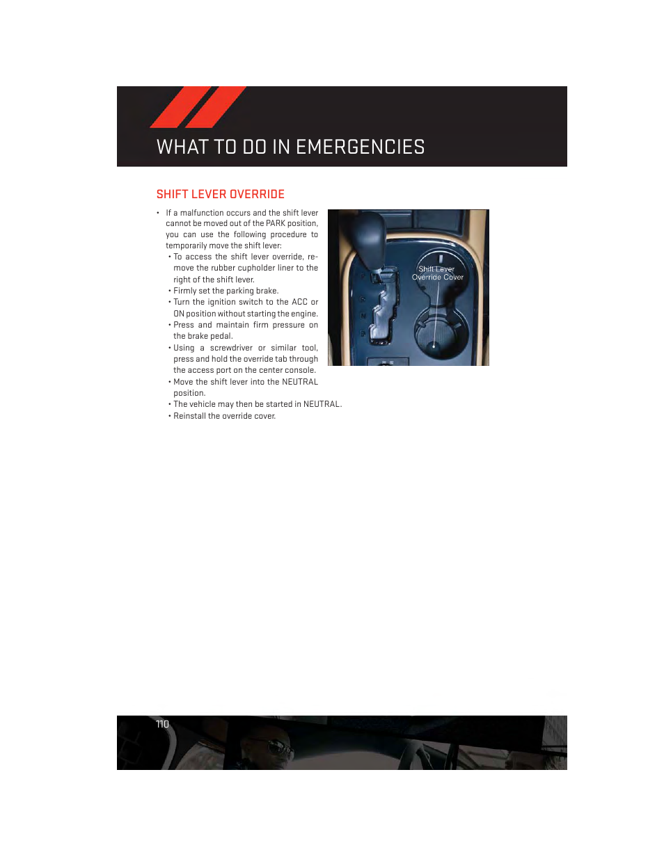 Shift lever override, What to do in emergencies | Dodge 2013 Durango - User Guide User Manual | Page 112 / 140