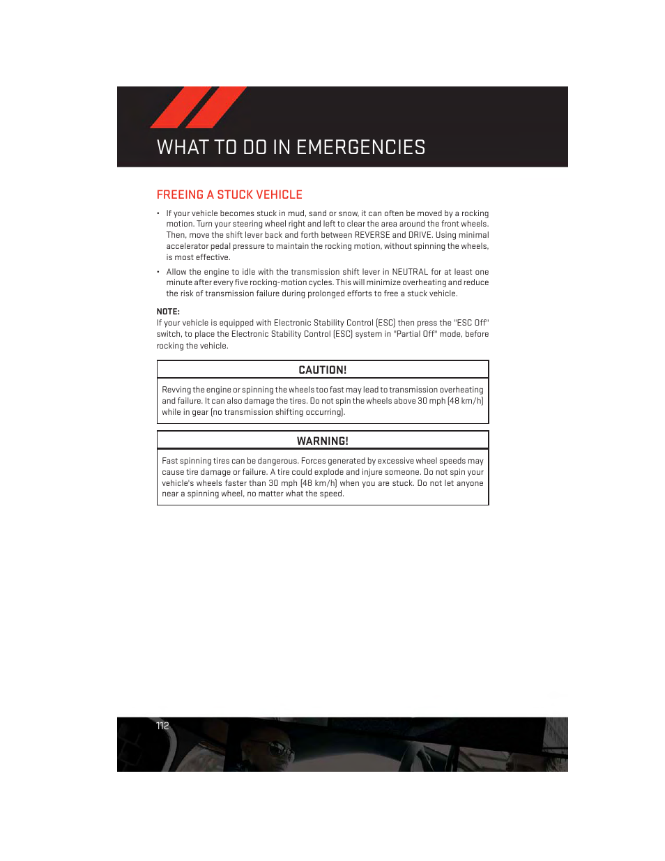 Freeing a stuck vehicle, What to do in emergencies | Dodge 2013 Durango - User Guide User Manual | Page 114 / 140