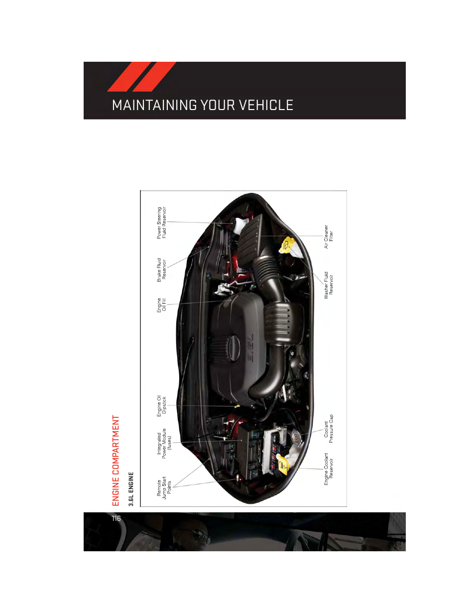 Engine compartment, 6l engine, Maintaining your vehicle | Dodge 2013 Durango - User Guide User Manual | Page 118 / 140