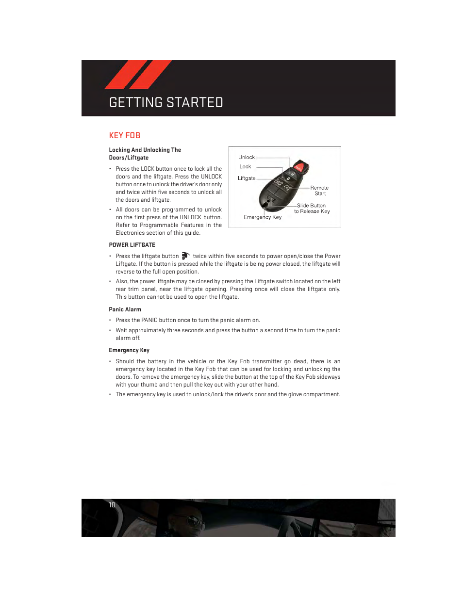 Getting started, Key fob, Locking and unlocking the doors/liftgate | Power liftgate, Panic alarm, Emergency key | Dodge 2013 Durango - User Guide User Manual | Page 12 / 140