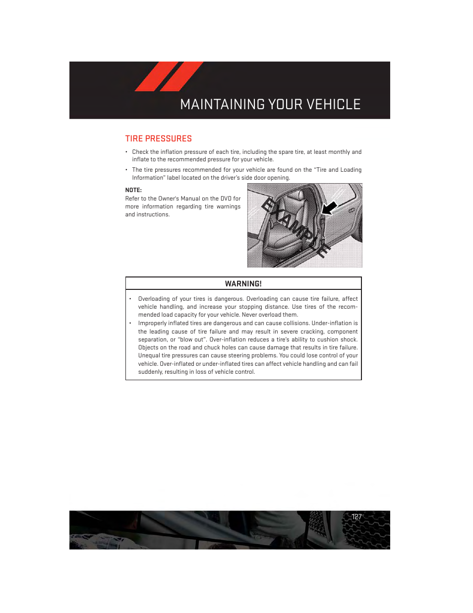 Tire pressures, Maintaining your vehicle | Dodge 2013 Durango - User Guide User Manual | Page 129 / 140