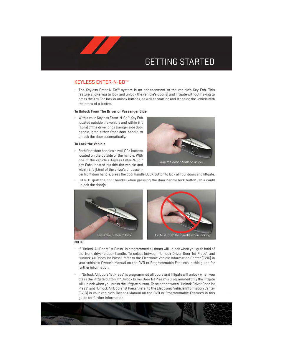 Keyless enter-n-go, To unlock from the driver or passenger side, To lock the vehicle | Getting started | Dodge 2013 Durango - User Guide User Manual | Page 15 / 140