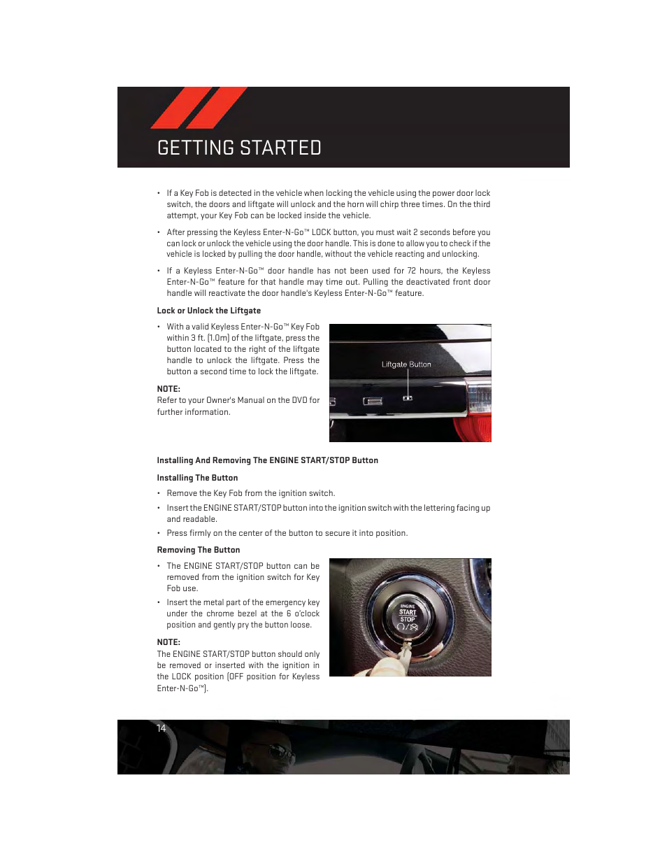 Lock or unlock the liftgate, Getting started | Dodge 2013 Durango - User Guide User Manual | Page 16 / 140