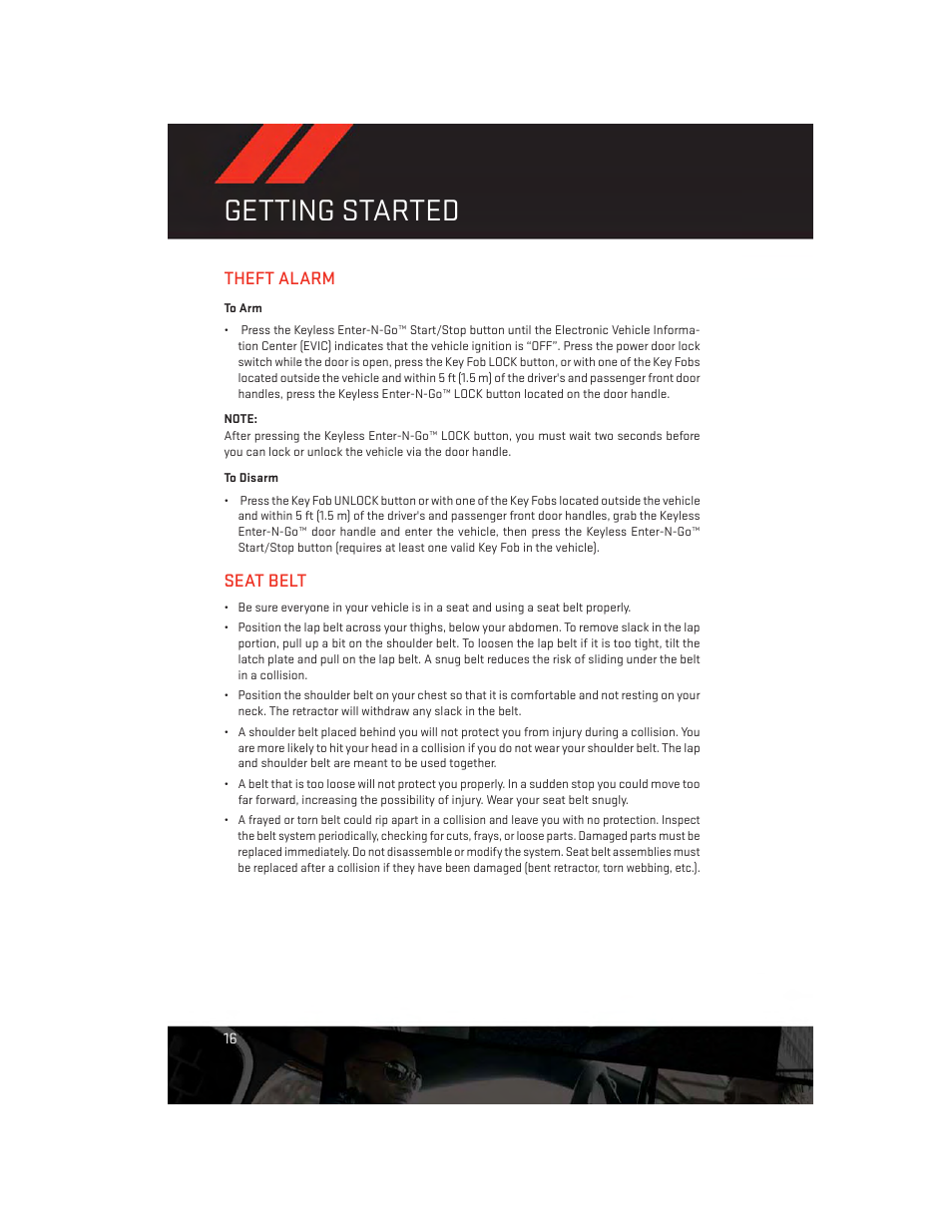 Theft alarm, To arm, To disarm | Seat belt, Getting started | Dodge 2013 Durango - User Guide User Manual | Page 18 / 140