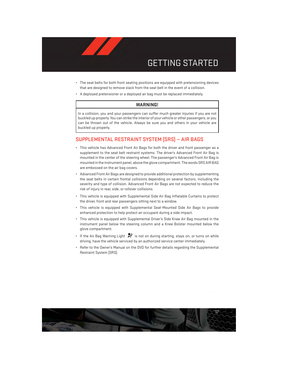 Supplemental restraint system (srs) — air bags, Getting started | Dodge 2013 Durango - User Guide User Manual | Page 19 / 140