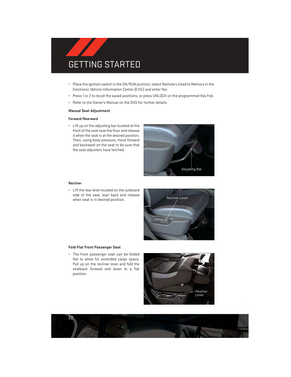 Manual seat adjustment, Fold-flat front passenger seat, Getting started | Dodge 2013 Durango - User Guide User Manual | Page 24 / 140