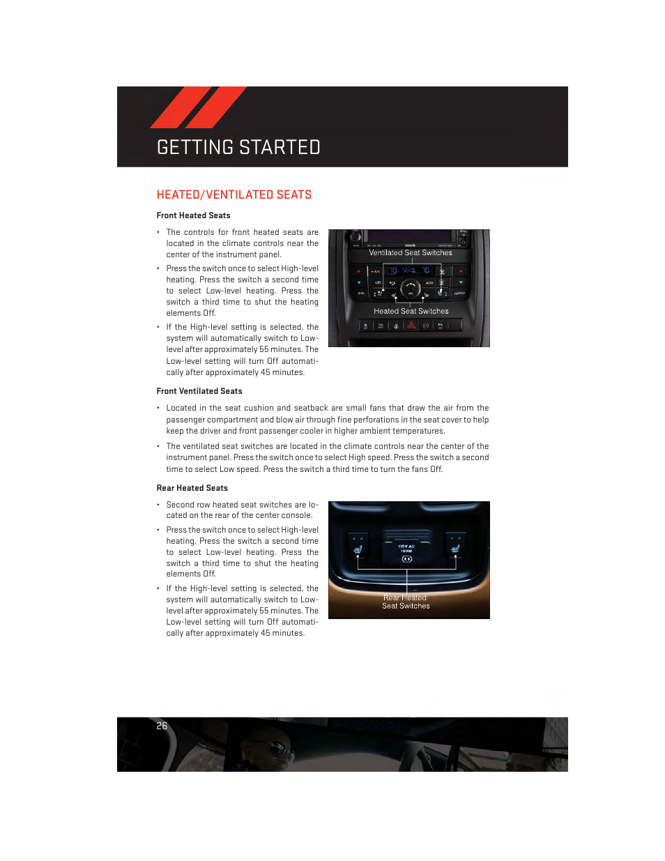 Heated/ventilated seats, Front heated seats, Front ventilated seats | Rear heated seats, Getting started | Dodge 2013 Durango - User Guide User Manual | Page 28 / 140