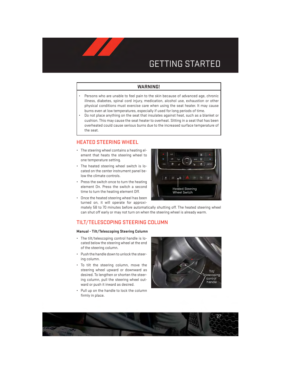 Heated steering wheel, Tilt/telescoping steering column, Manual - tilt/telescoping steering column | Getting started | Dodge 2013 Durango - User Guide User Manual | Page 29 / 140