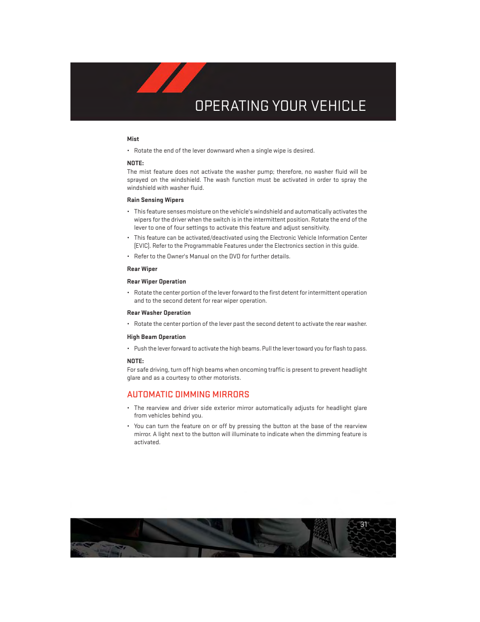 Rear wiper, High beam operation, Automatic dimming mirrors | Operating your vehicle | Dodge 2013 Durango - User Guide User Manual | Page 33 / 140