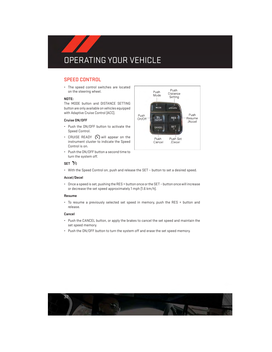Speed control, Cruise on/off, Accel/decel | Resume, Cancel, Operating your vehicle | Dodge 2013 Durango - User Guide User Manual | Page 34 / 140