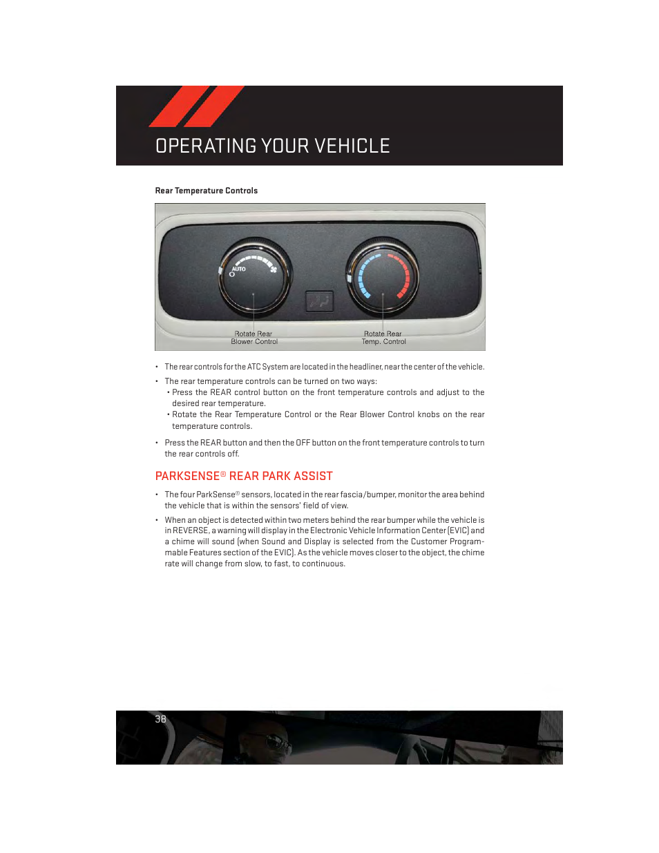 Rear temperature controls, Parksense® rear park assist, Operating your vehicle | Dodge 2013 Durango - User Guide User Manual | Page 40 / 140