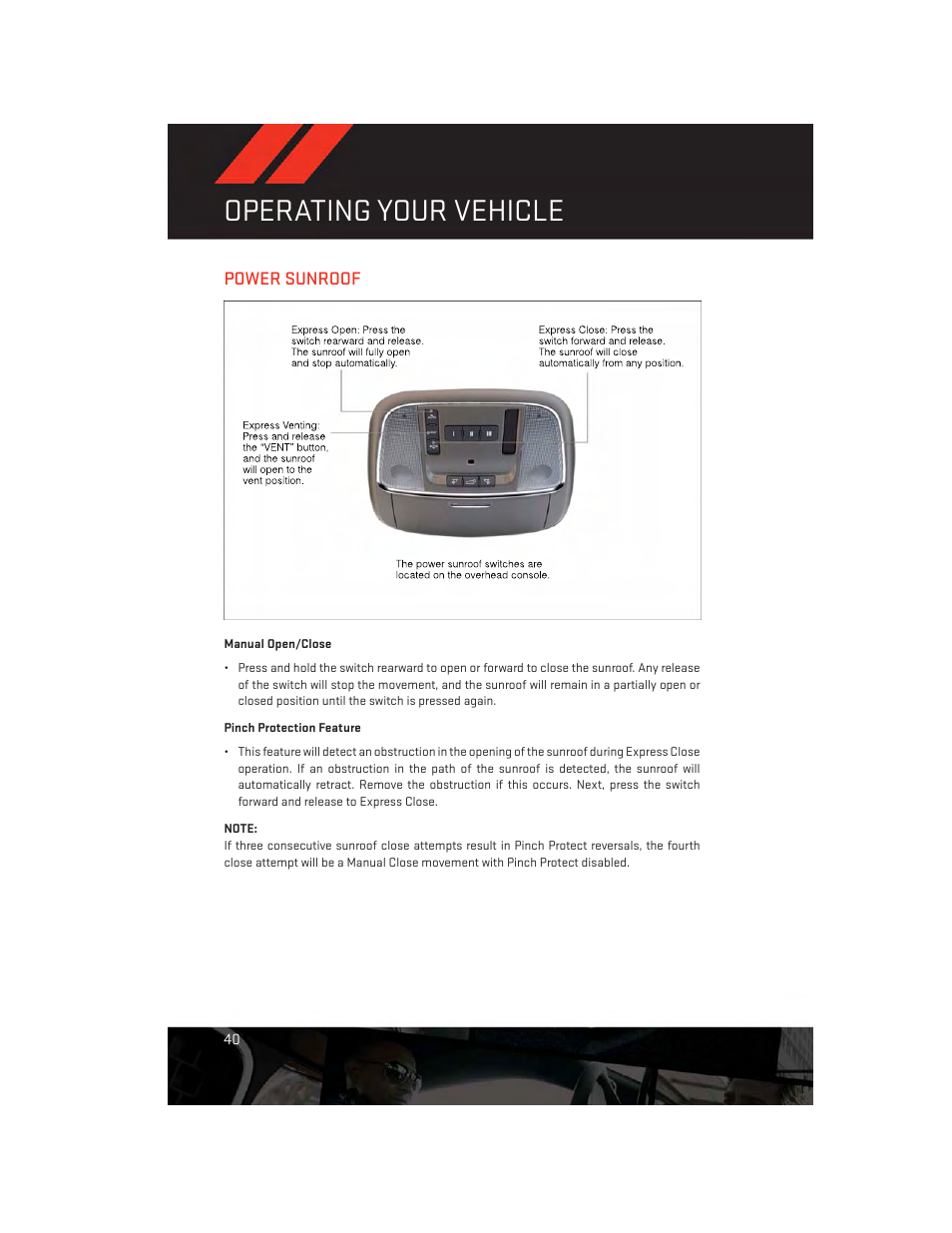 Power sunroof, Manual open/close, Pinch protection feature | Operating your vehicle | Dodge 2013 Durango - User Guide User Manual | Page 42 / 140