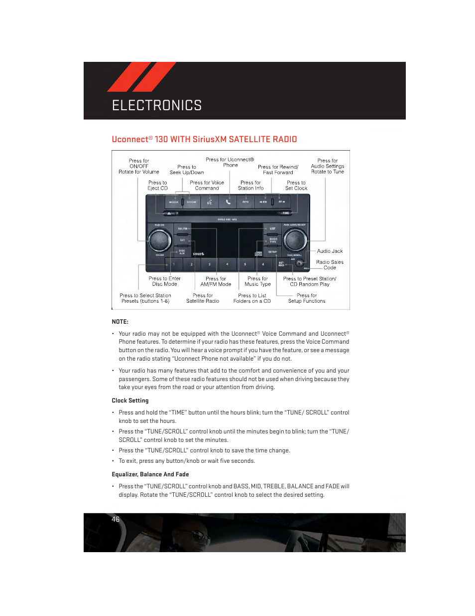 Uconnect® 130 with siriusxm satellite radio, Clock setting, Equalizer, balance and fade | Electronics | Dodge 2013 Durango - User Guide User Manual | Page 48 / 140