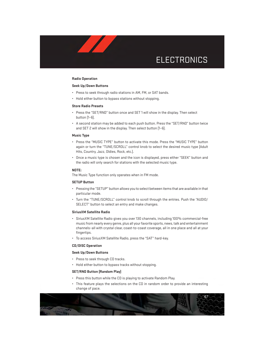 Radio operation, Siriusxm satellite radio, Cd/disc operation | Electronics | Dodge 2013 Durango - User Guide User Manual | Page 49 / 140