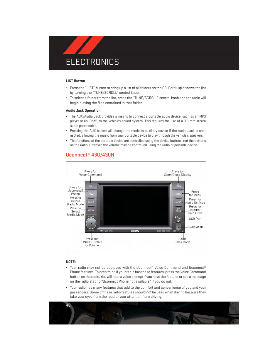 Audio jack operation, Uconnect® 430/430n, Electronics | Dodge 2013 Durango - User Guide User Manual | Page 50 / 140