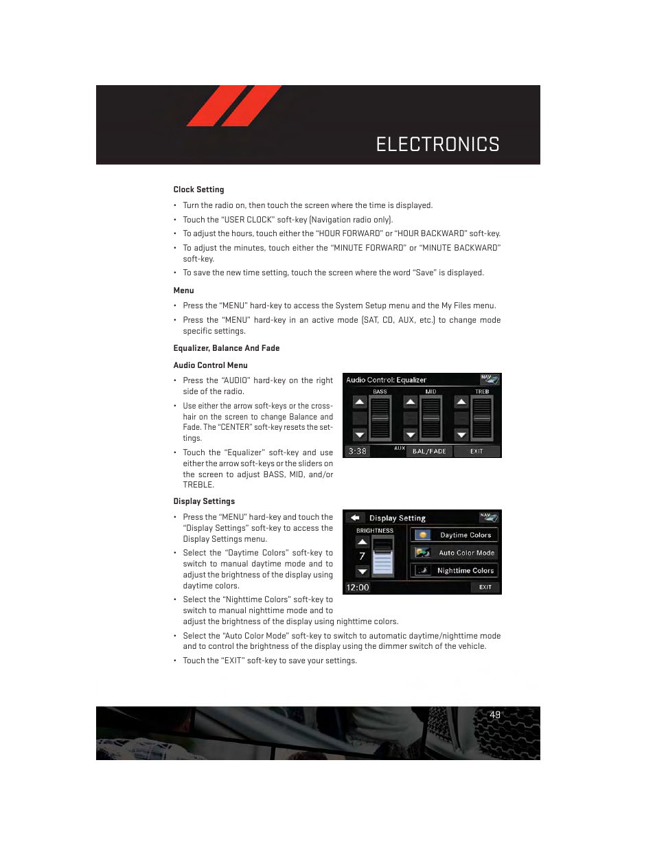 Clock setting, Menu, Equalizer, balance and fade | Electronics | Dodge 2013 Durango - User Guide User Manual | Page 51 / 140