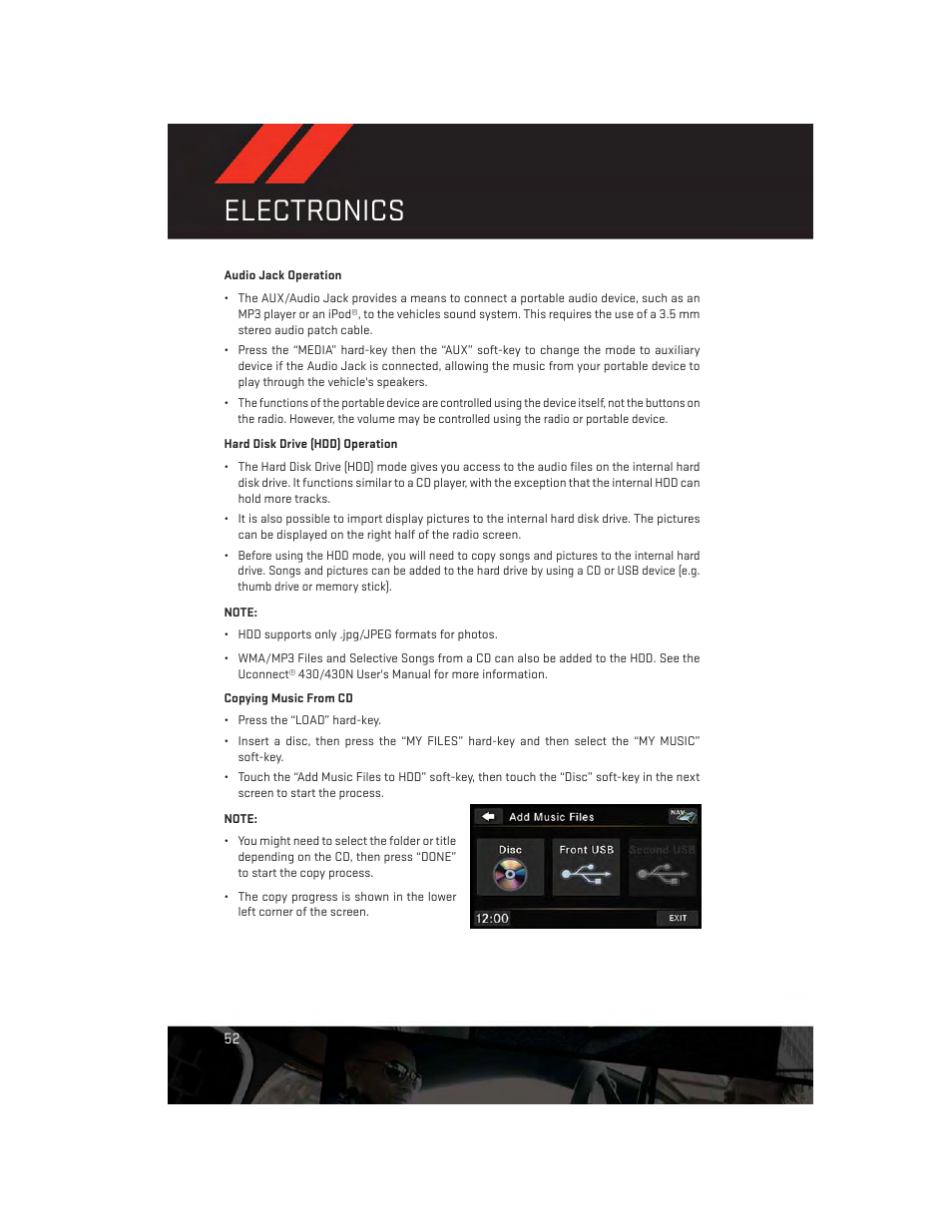 Audio jack operation, Hard disk drive (hdd) operation, Electronics | Dodge 2013 Durango - User Guide User Manual | Page 54 / 140