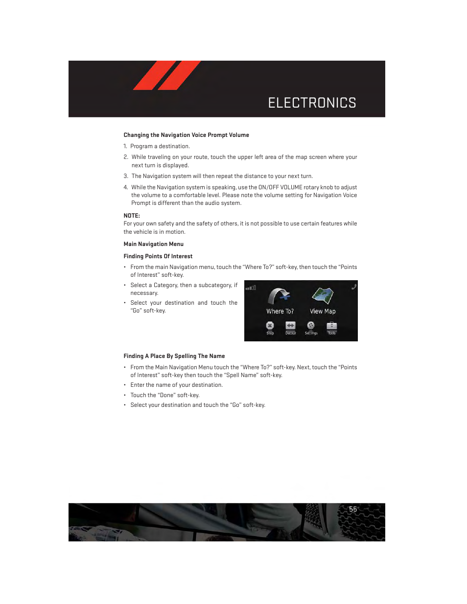 Main navigation menu, Electronics | Dodge 2013 Durango - User Guide User Manual | Page 57 / 140