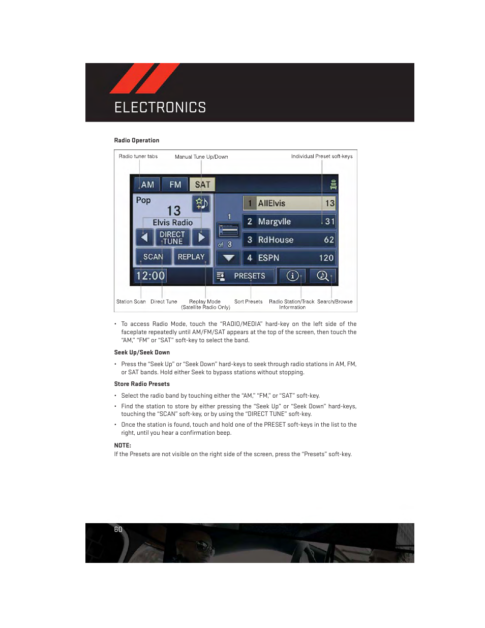 Radio operation, Electronics | Dodge 2013 Durango - User Guide User Manual | Page 62 / 140