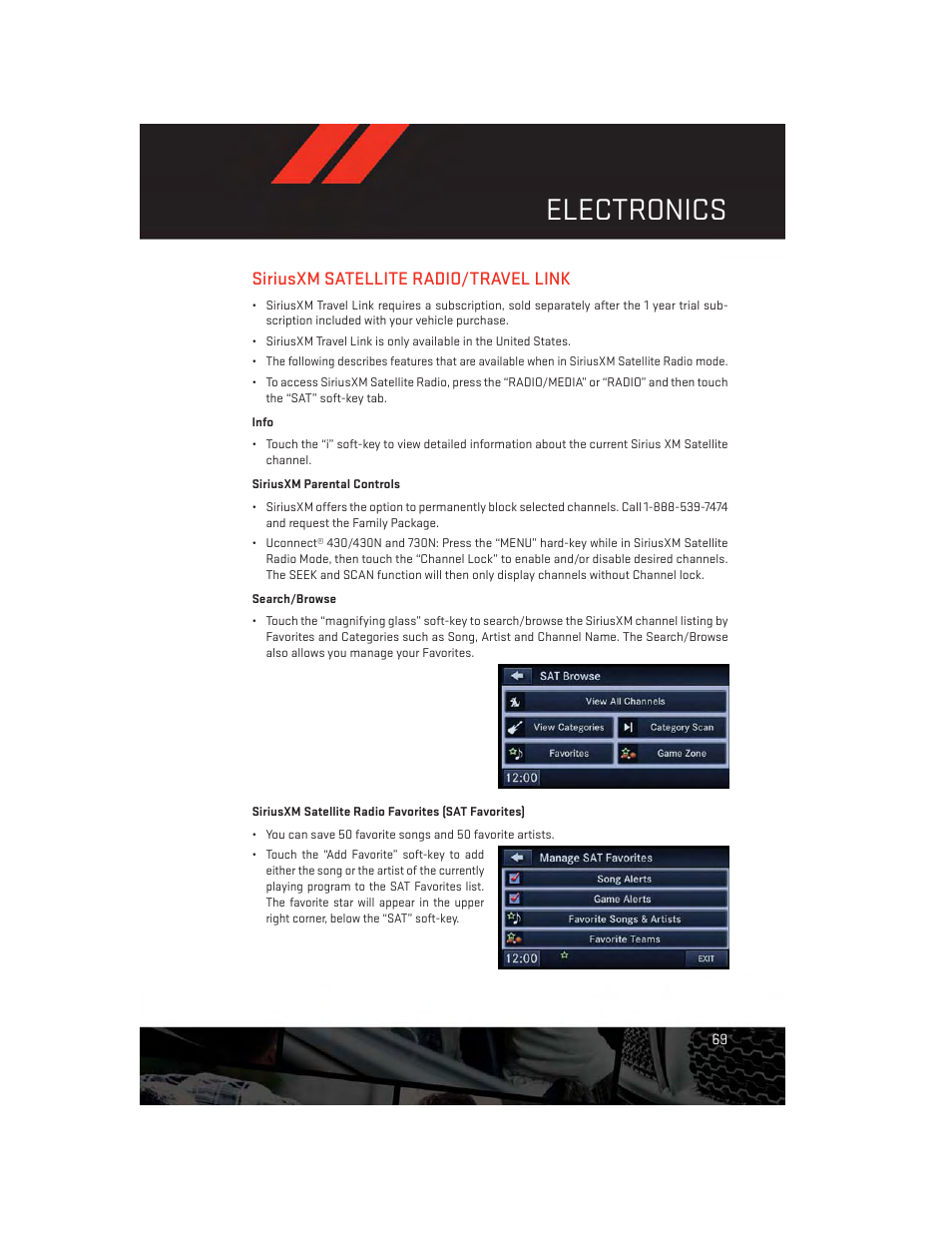 Siriusxm satellite radio/travel link, Electronics | Dodge 2013 Durango - User Guide User Manual | Page 71 / 140