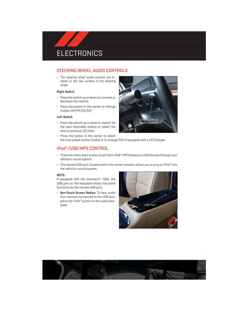 Steering wheel audio controls, Right switch, Left switch | Ipod®/usb/mp3 control, Electronics | Dodge 2013 Durango - User Guide User Manual | Page 74 / 140