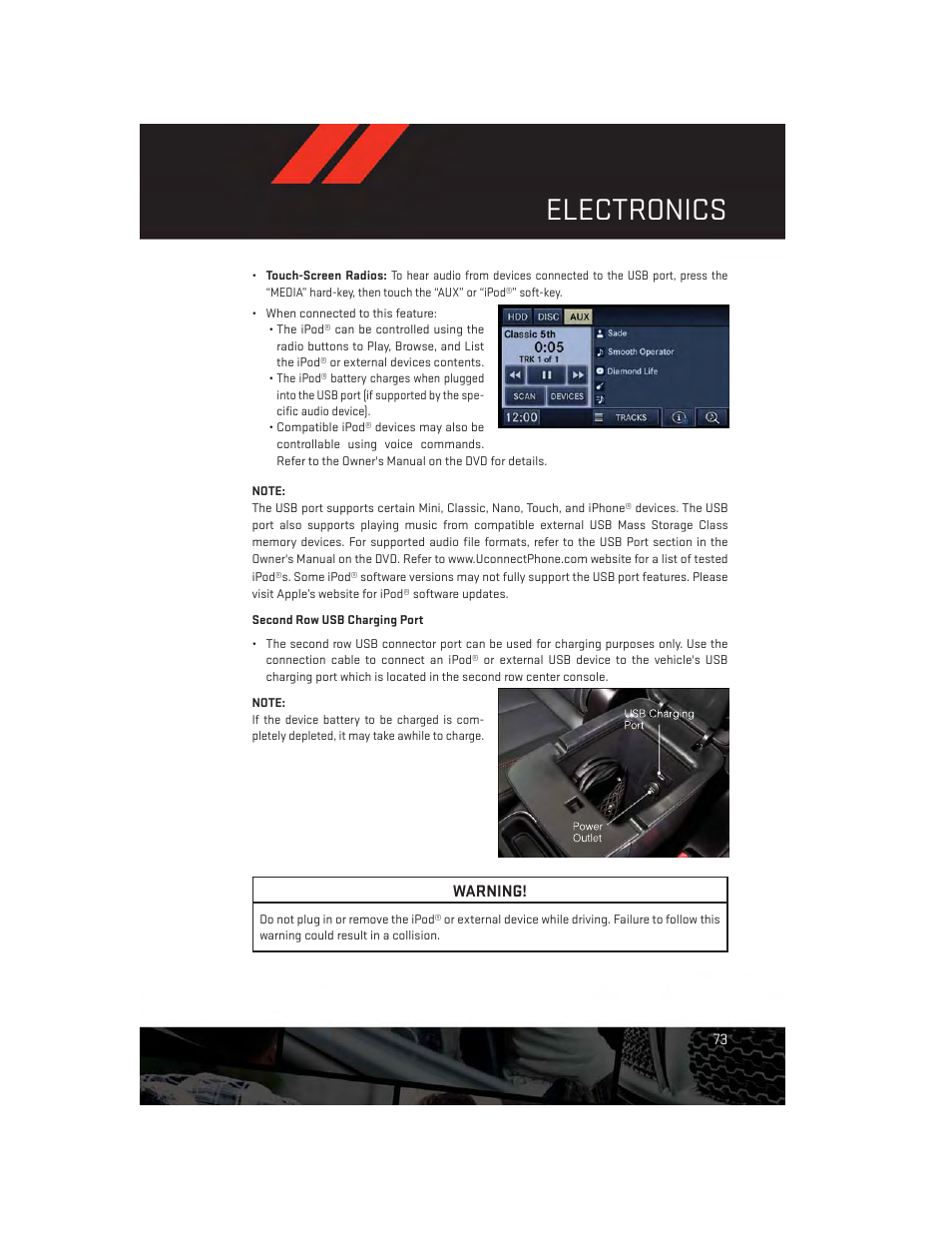 Second row usb charging port, Electronics | Dodge 2013 Durango - User Guide User Manual | Page 75 / 140