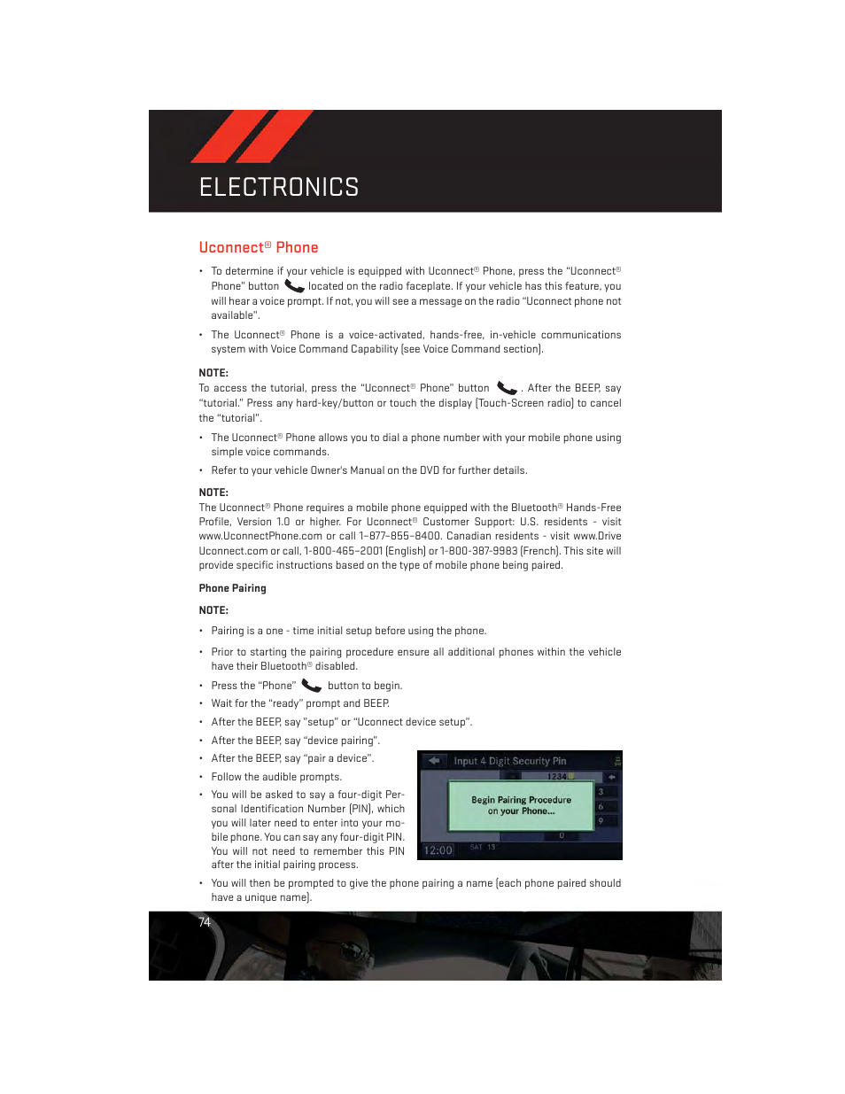 Uconnect® phone, Phone pairing, Electronics | Dodge 2013 Durango - User Guide User Manual | Page 76 / 140