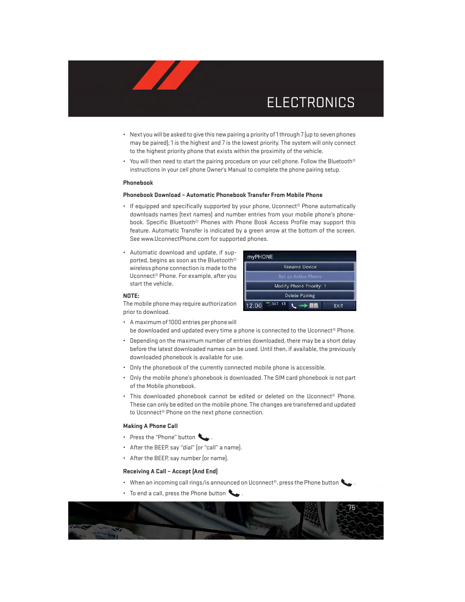 Phonebook, Making a phone call, Receiving a call – accept (and end) | Electronics | Dodge 2013 Durango - User Guide User Manual | Page 77 / 140