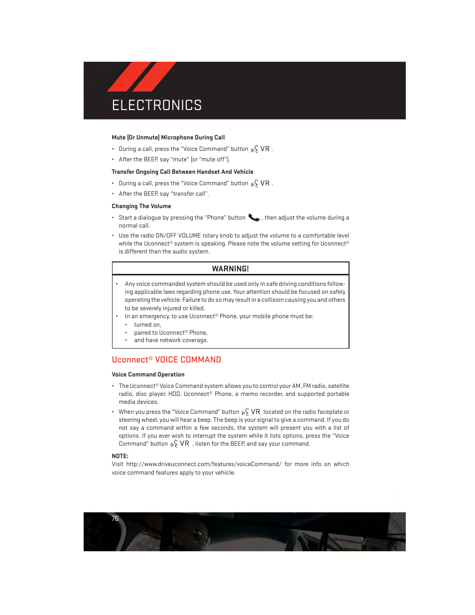 Mute (or unmute) microphone during call, Transfer ongoing call between handset and vehicle, Changing the volume | Uconnect® voice command, Voice command operation, Electronics | Dodge 2013 Durango - User Guide User Manual | Page 78 / 140
