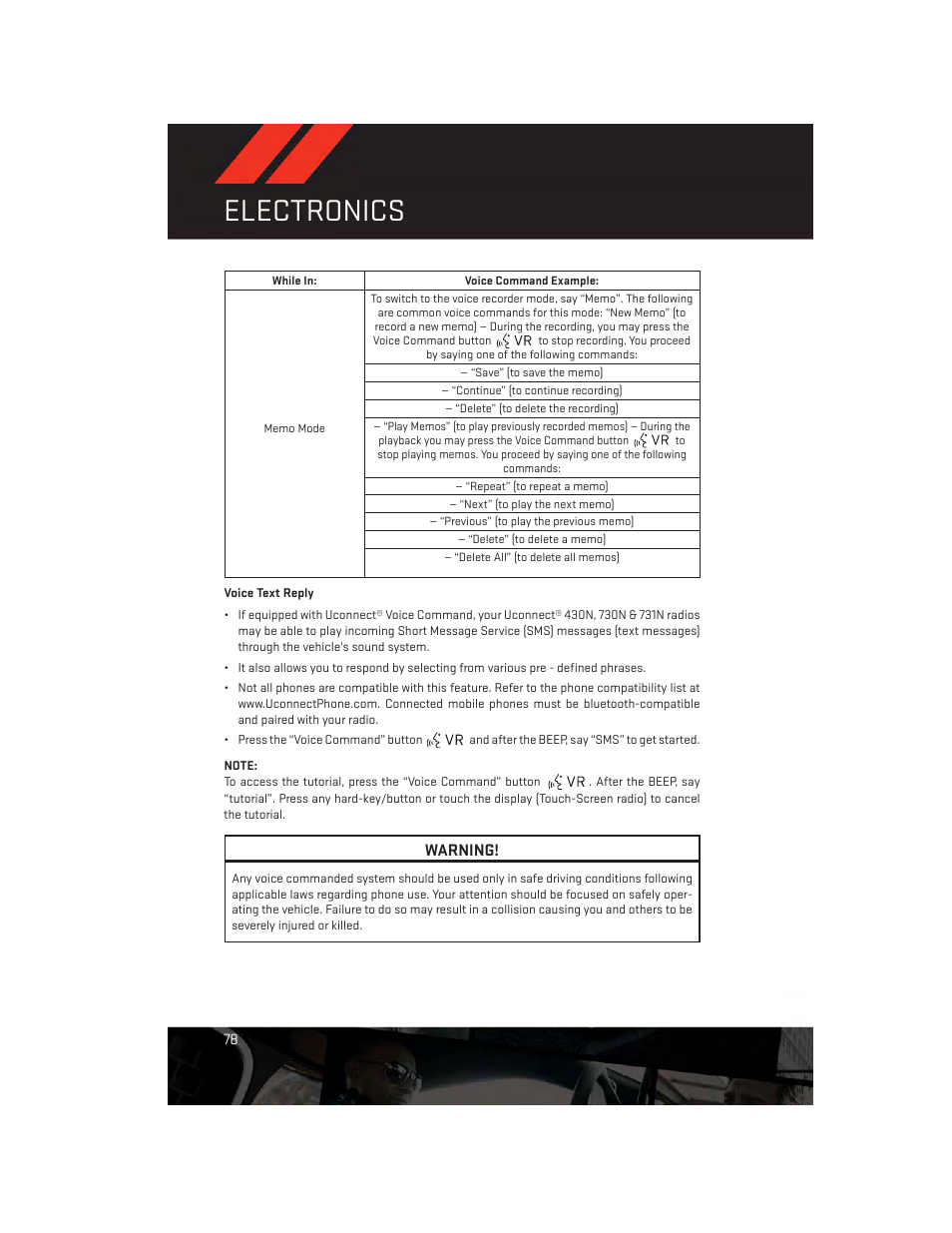 Voice text reply, Electronics, Warning | Dodge 2013 Durango - User Guide User Manual | Page 80 / 140