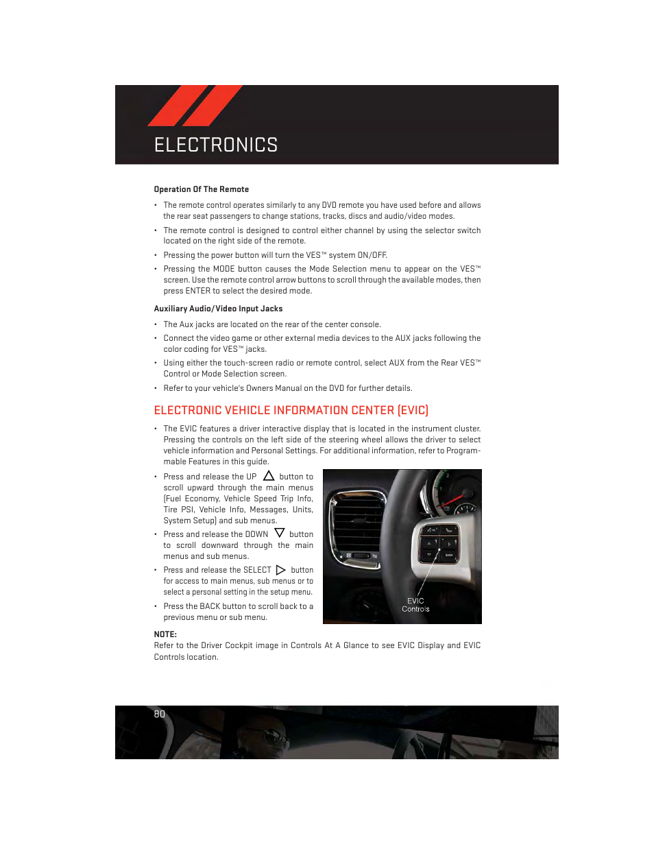 Operation of the remote, Auxiliary audio/video input jacks, Electronic vehicle information center (evic) | Electronics | Dodge 2013 Durango - User Guide User Manual | Page 82 / 140