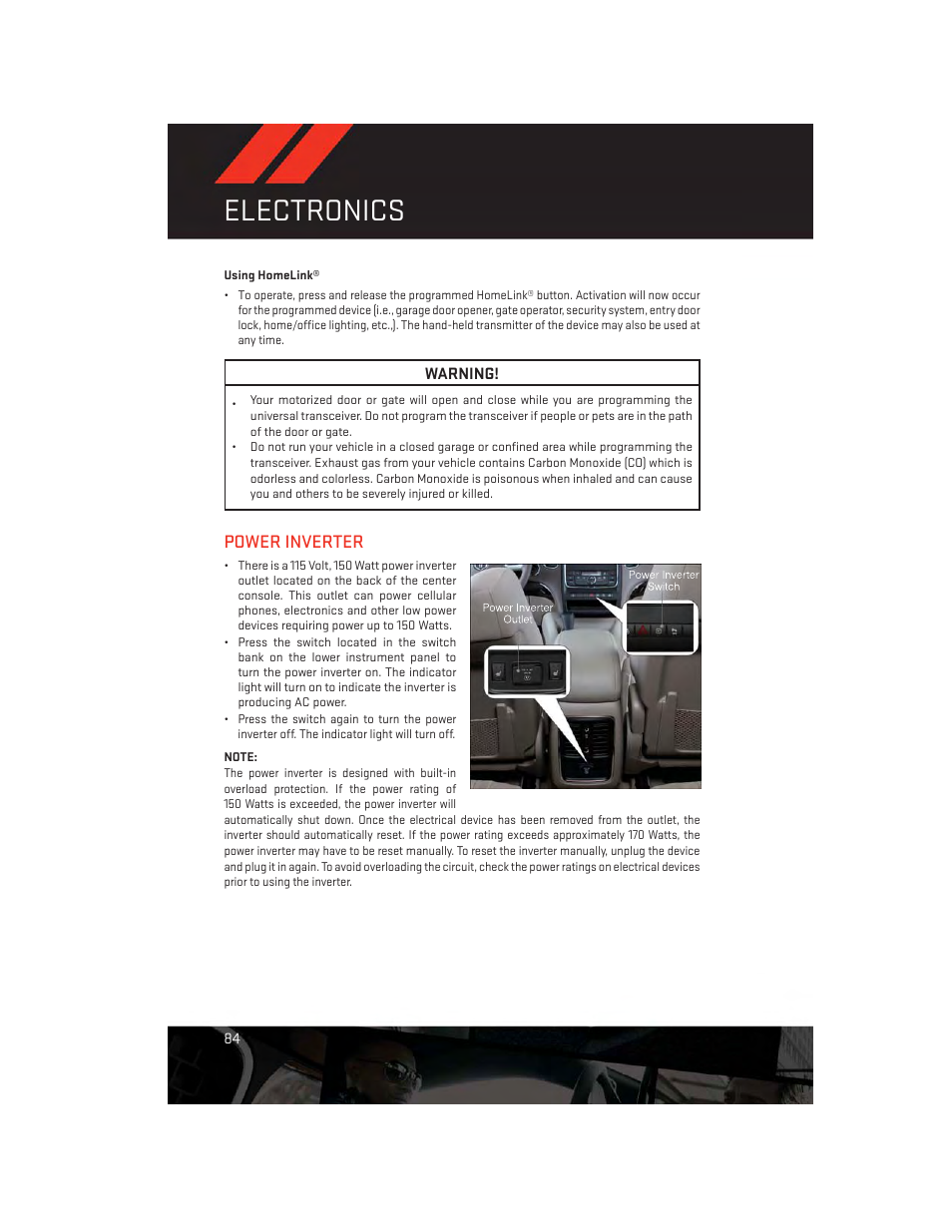 Using homelink, Power inverter, Electronics | Dodge 2013 Durango - User Guide User Manual | Page 86 / 140