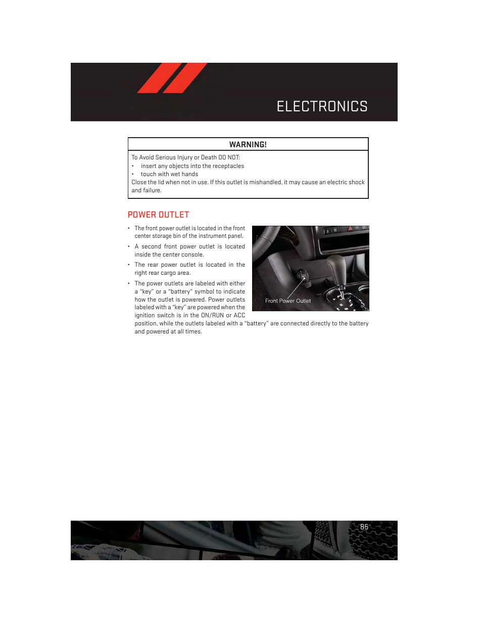 Power outlet, Electronics | Dodge 2013 Durango - User Guide User Manual | Page 87 / 140