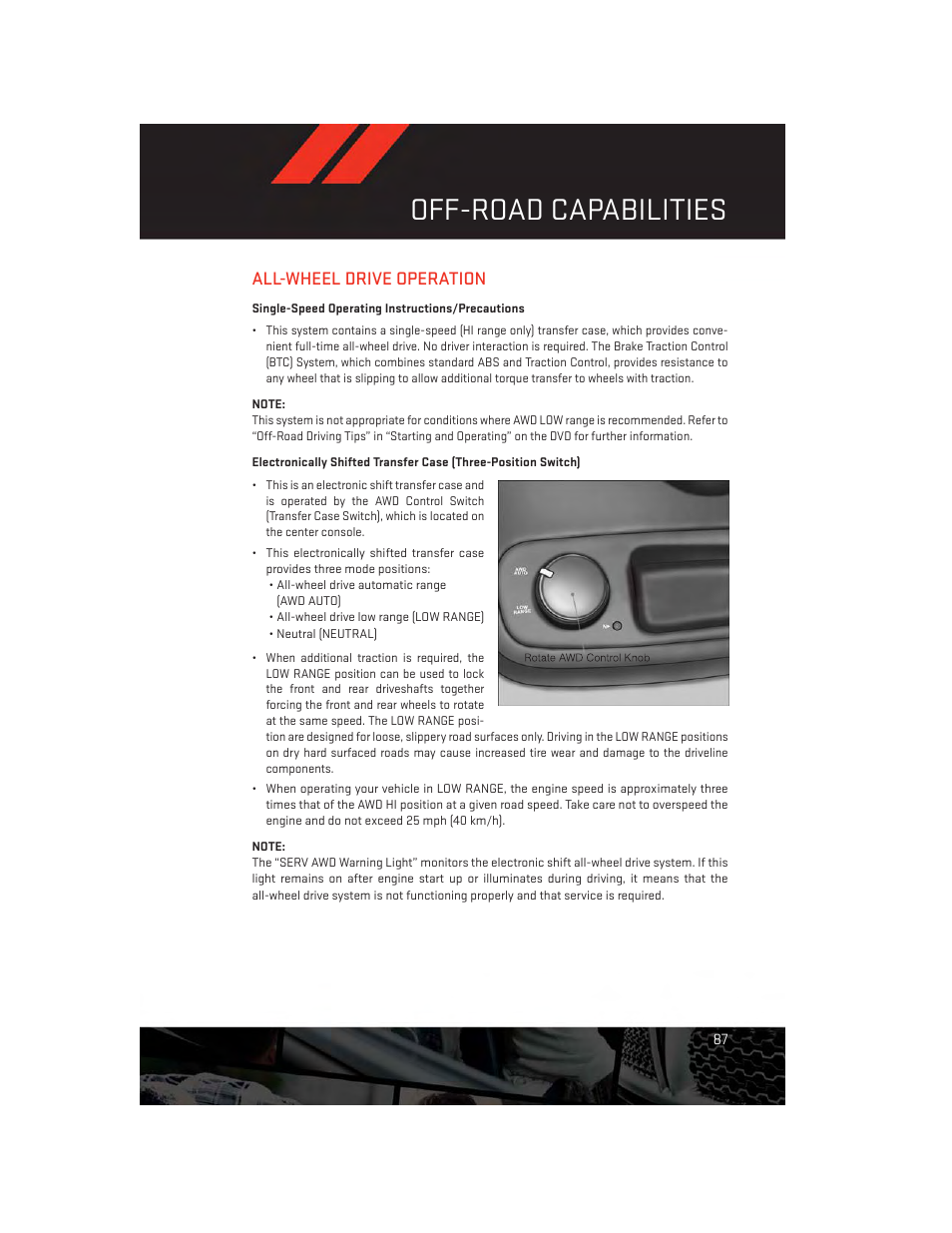 Off-road capabilities, All-wheel drive operation, Single-speed operating instructions/precautions | Dodge 2013 Durango - User Guide User Manual | Page 89 / 140