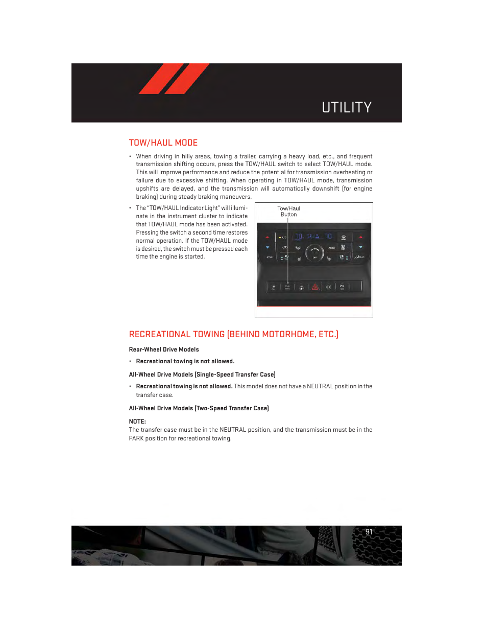 Tow/haul mode, Recreational towing (behind motorhome, etc.), Rear-wheel drive models | All-wheel drive models (two-speed transfer case), Utility | Dodge 2013 Durango - User Guide User Manual | Page 93 / 140