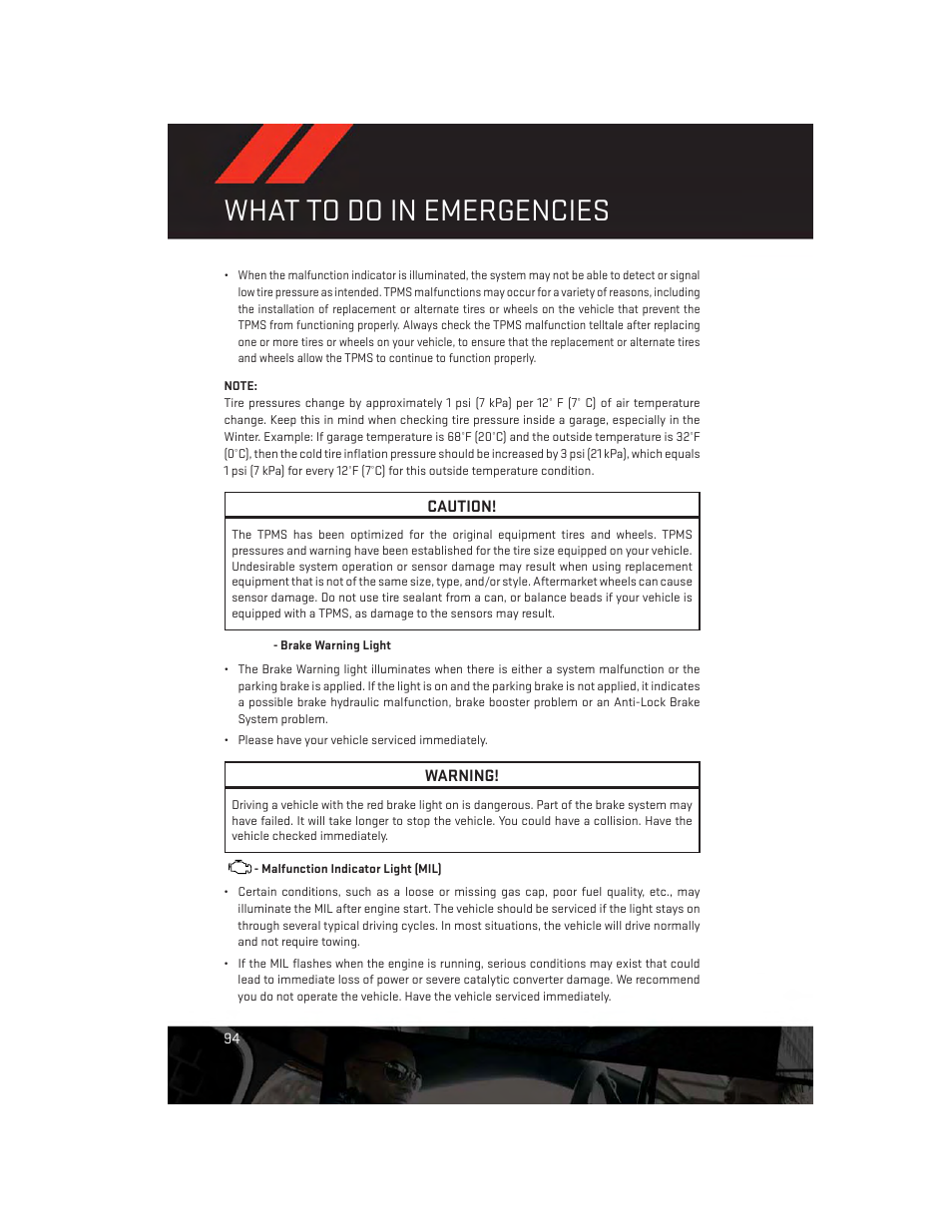 Brake warning light, Malfunction indicator light (mil), What to do in emergencies | Dodge 2013 Durango - User Guide User Manual | Page 96 / 140