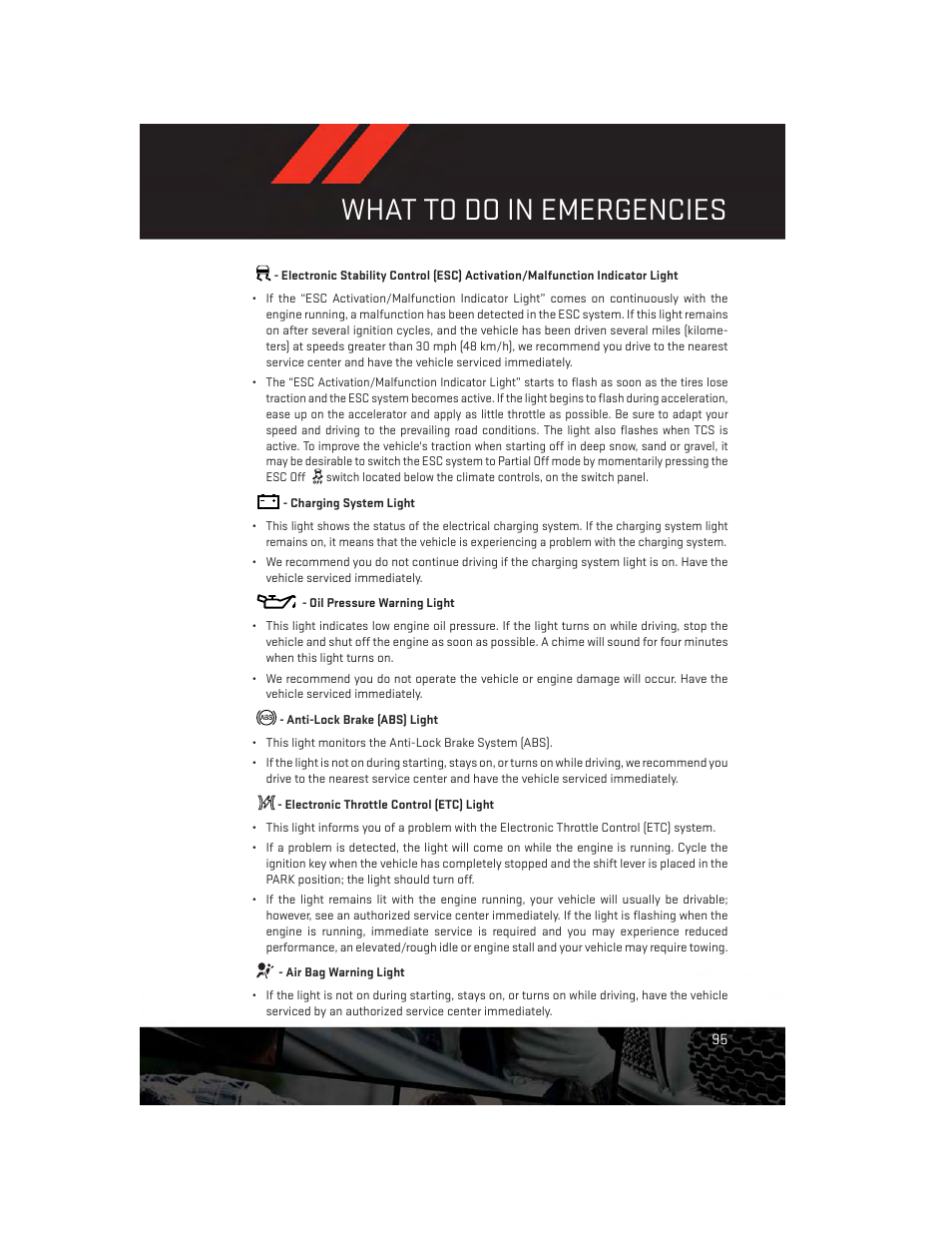 Charging system light, Oil pressure warning light, Anti-lock brake (abs) light | Electronic throttle control (etc) light, Air bag warning light, What to do in emergencies | Dodge 2013 Durango - User Guide User Manual | Page 97 / 140