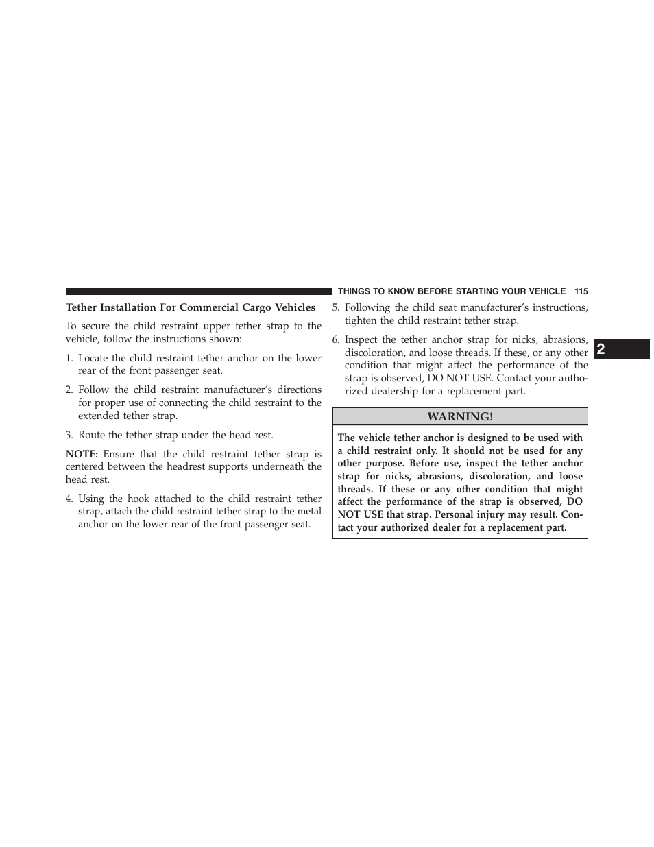 Tether installation for commercial cargo vehicles | Dodge 2013 Grand_Caravan - Owner Manual User Manual | Page 117 / 683
