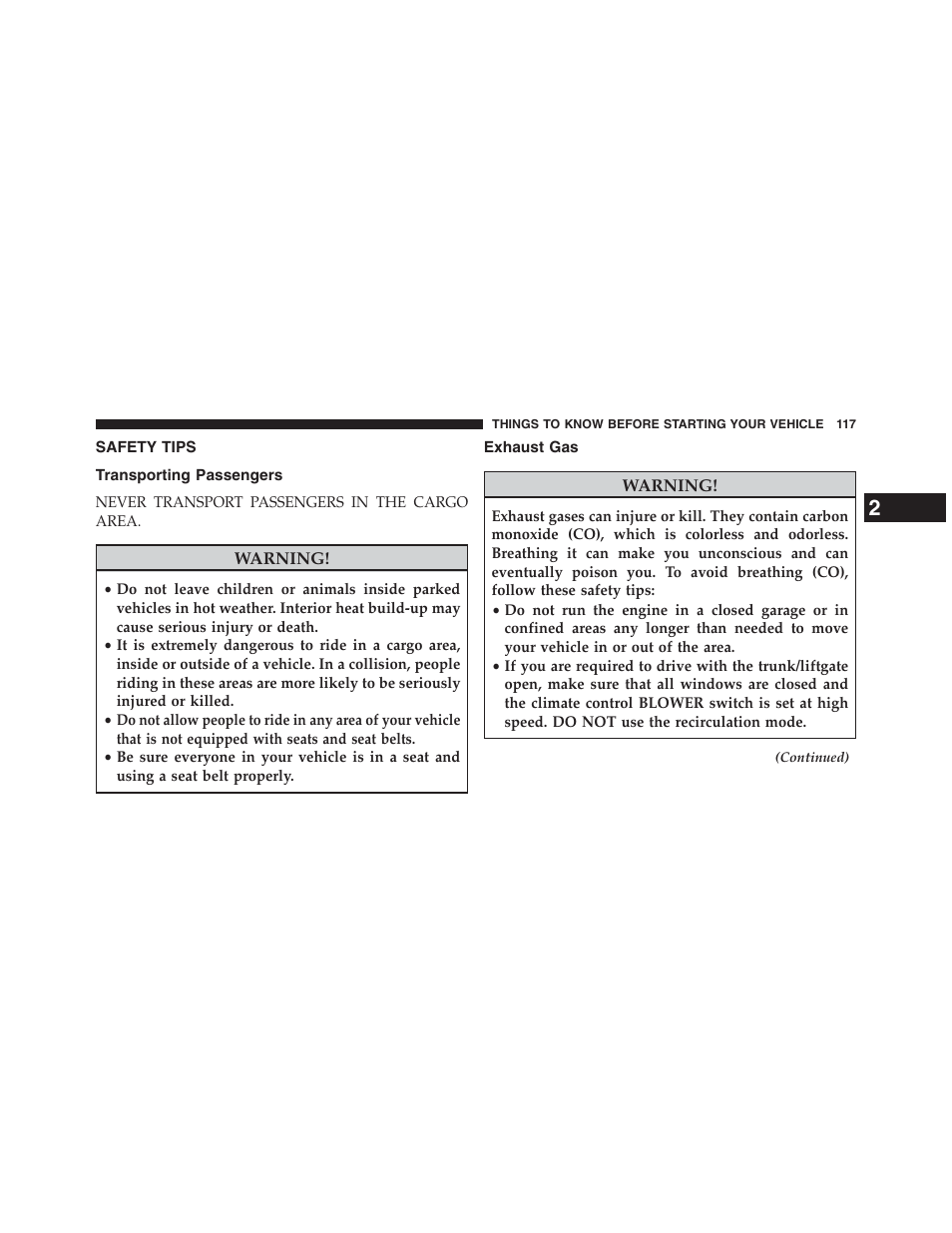 Safety tips, Transporting passengers, Exhaust gas | Dodge 2013 Grand_Caravan - Owner Manual User Manual | Page 119 / 683