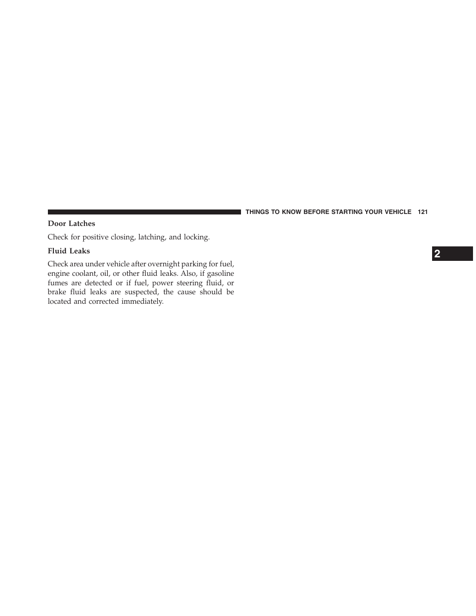 Door latches, Fluid leaks | Dodge 2013 Grand_Caravan - Owner Manual User Manual | Page 123 / 683