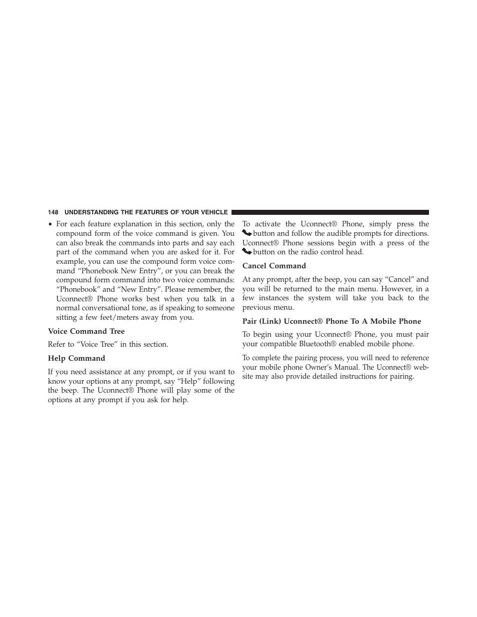 Voice command tree, Help command, Cancel command | Pair (link) uconnect® phone to a mobile phone | Dodge 2013 Grand_Caravan - Owner Manual User Manual | Page 150 / 683