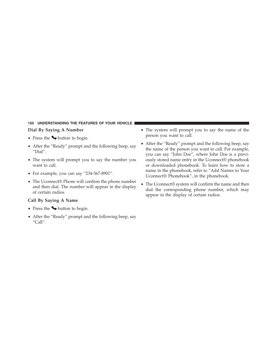 Dial by saying a number, Call by saying a name | Dodge 2013 Grand_Caravan - Owner Manual User Manual | Page 152 / 683
