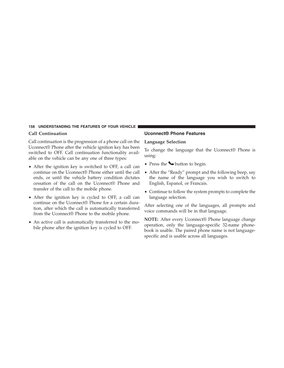 Call continuation, Uconnect® phone features, Language selection | Dodge 2013 Grand_Caravan - Owner Manual User Manual | Page 160 / 683