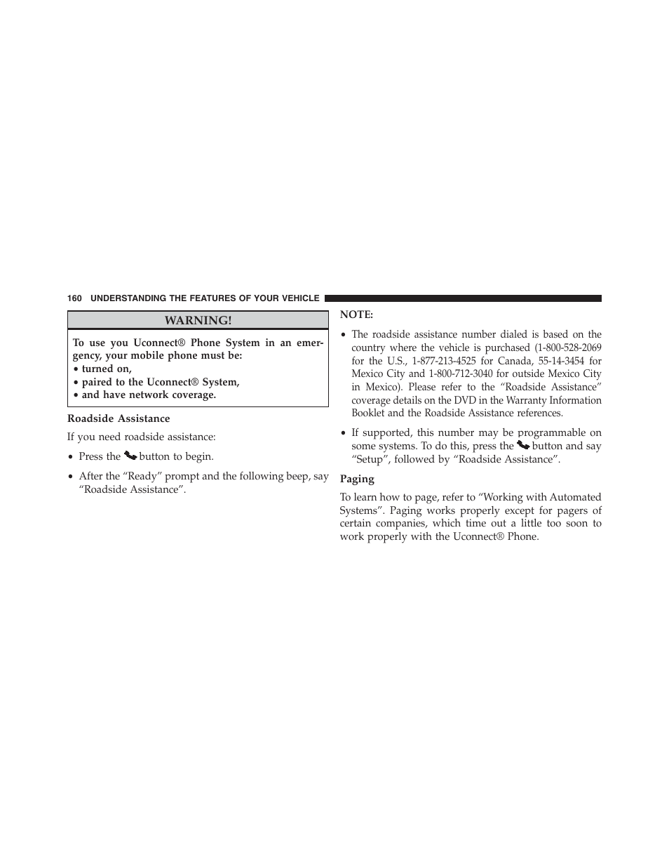 Roadside assistance, Paging | Dodge 2013 Grand_Caravan - Owner Manual User Manual | Page 162 / 683