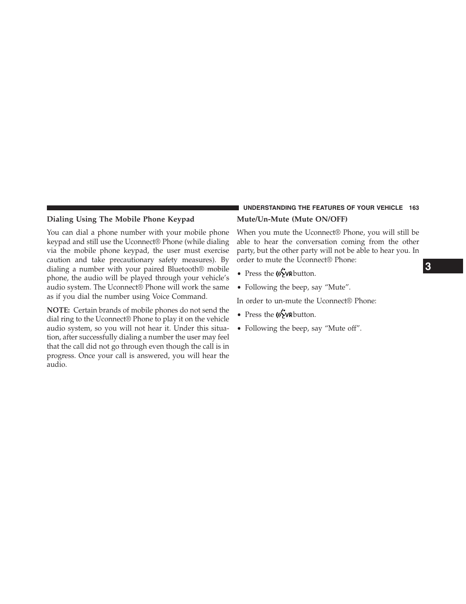 Dialing using the mobile phone keypad, Mute/un-mute (mute on/off) | Dodge 2013 Grand_Caravan - Owner Manual User Manual | Page 165 / 683