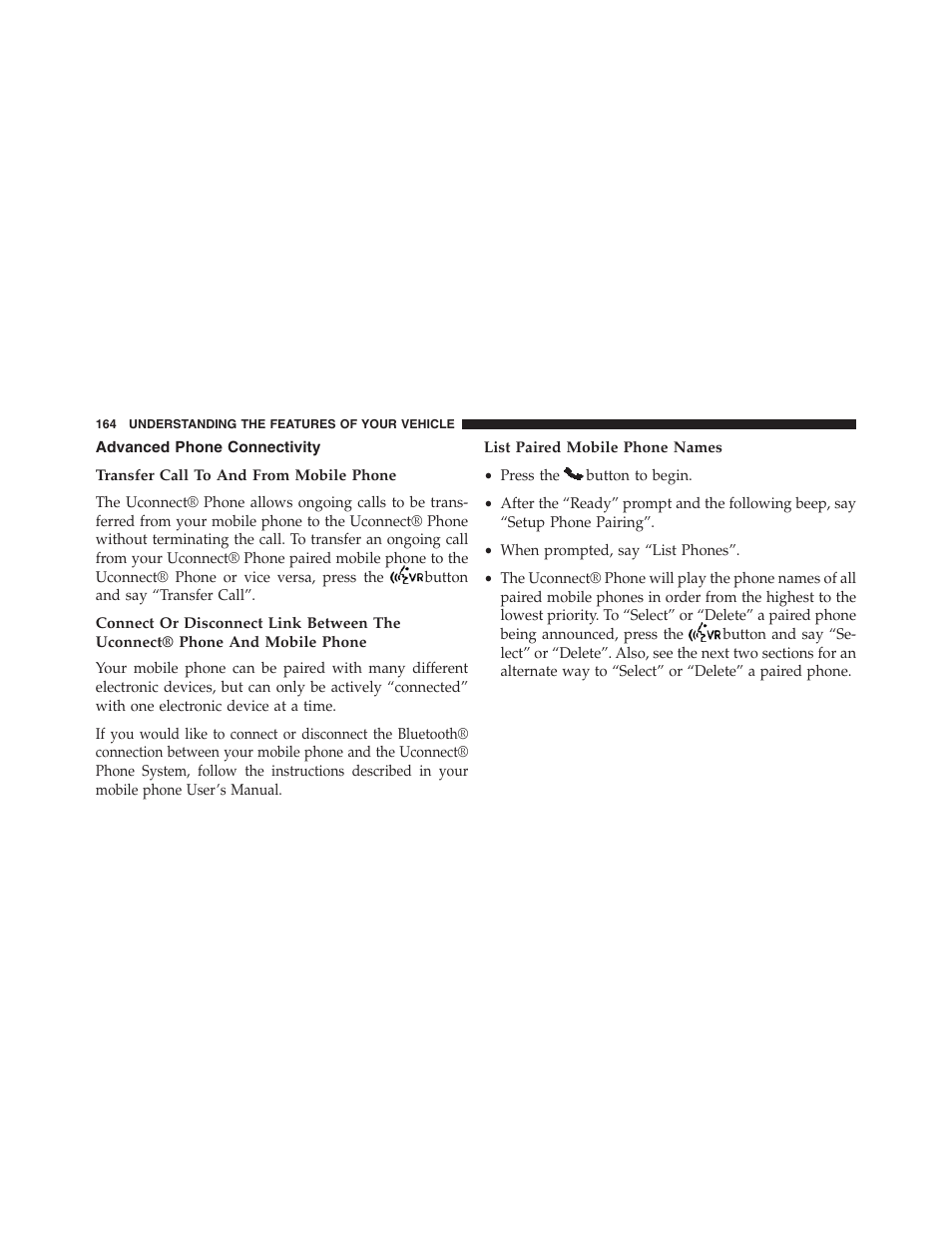 Advanced phone connectivity, Transfer call to and from mobile phone, List paired mobile phone names | Dodge 2013 Grand_Caravan - Owner Manual User Manual | Page 166 / 683